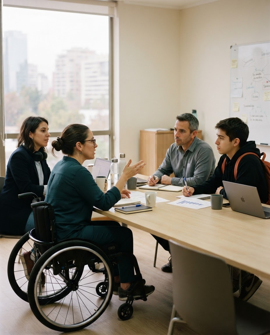 Cuatro profesionales conversan en torno a una mesa de reunion. Quien lleva la palabra usa silla de ruedas.